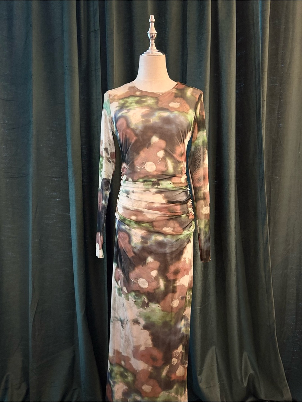 Zara Long-Sleeve Tie-Dye Mesh Midi Dress in Brown, Green & Cream